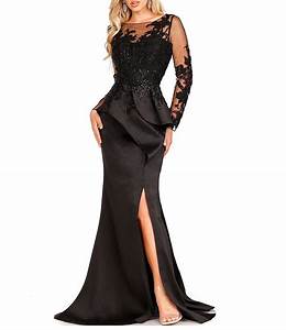 Terani Couture Embroidered Illusion Round Neck Long Sleeve Front Slit