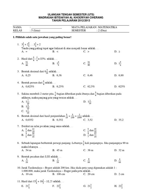 soal UTS kelas 5 semester 1