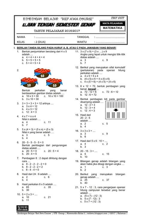 Soal UTS Semester 2 Kelas 3 SD Matematika Indonesia