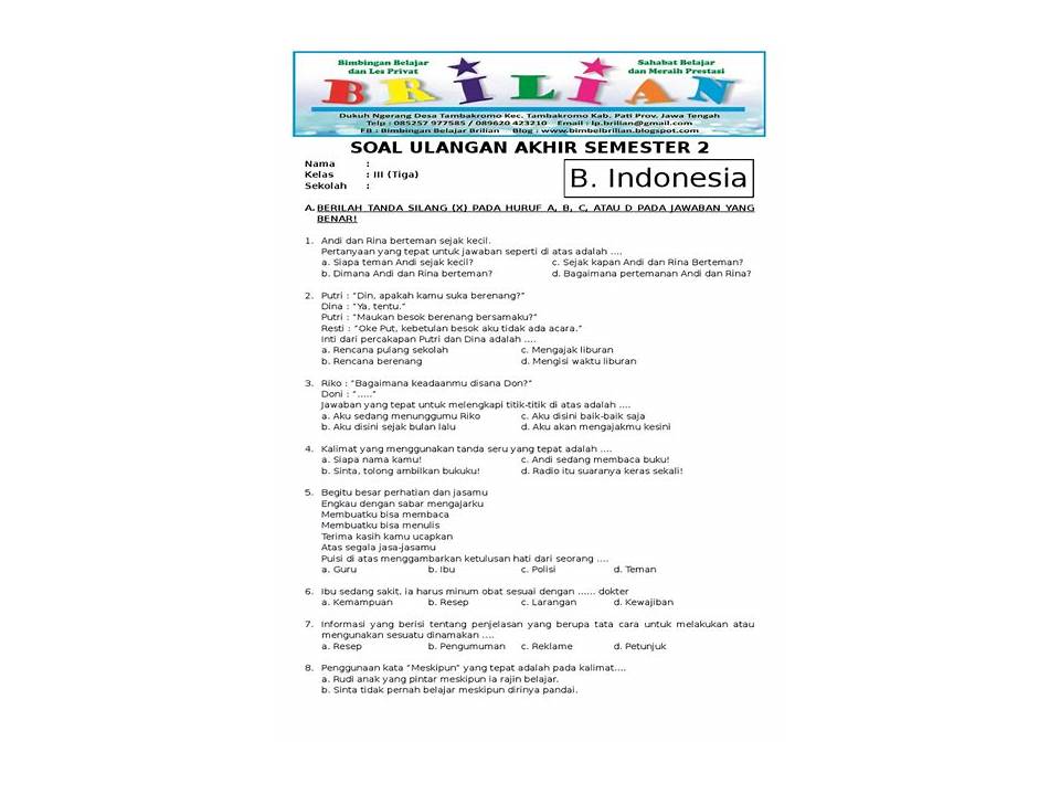 Soal Bahasa Indonesia Kelas 6 Semester 1 Types of Questions