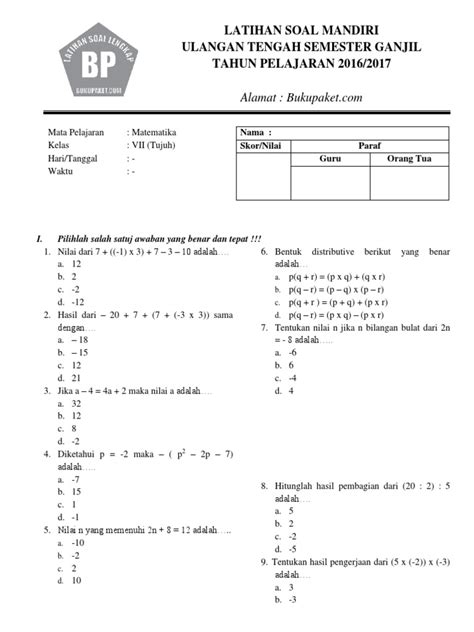 Ujian Tengah Semester 1 Matematika Kelas 7: Panduan dan Contoh Soal PDF