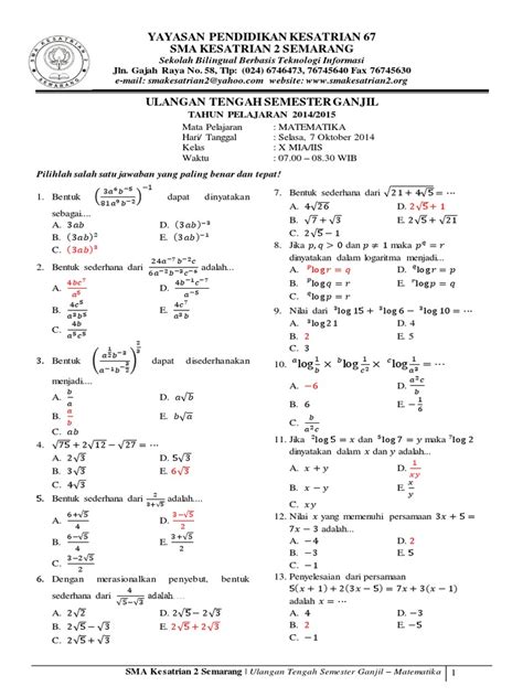 Contoh Soal Matematika Kelas 10 Semester 2