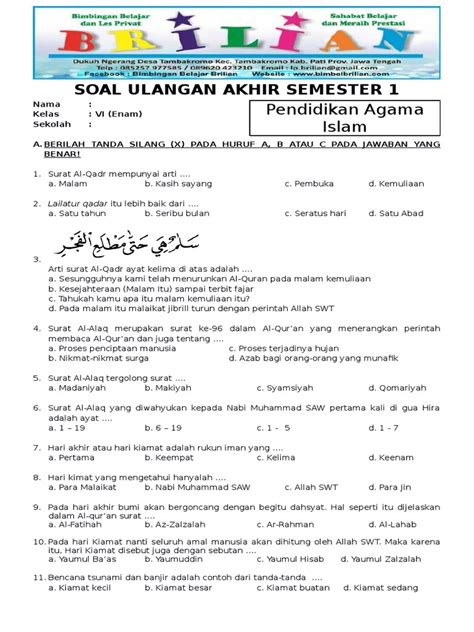 Contoh Soal UAS PAI Kelas 6 Semester 1 Kurikulum 2013 Indonesia