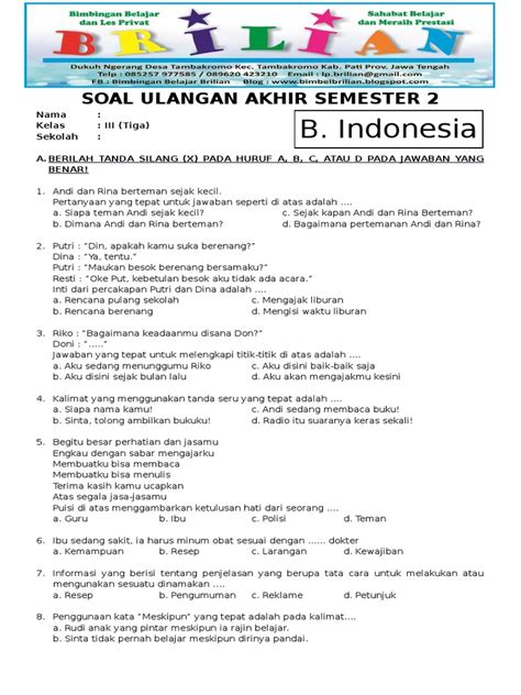 Contoh Soal-Soal Ujian Bahasa Indonesia Kelas 7