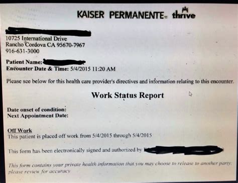 Doctor's note from Kaiser Permanente