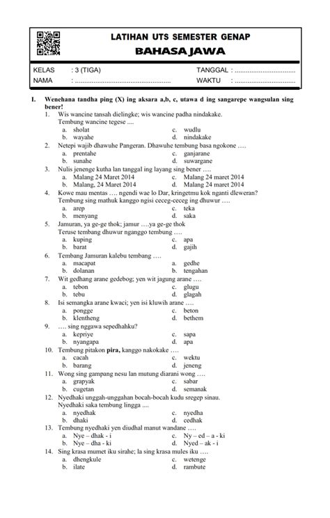 Soal Bahasa Jawa Kelas 4 Semester 1 dan Kunci Jawabannya