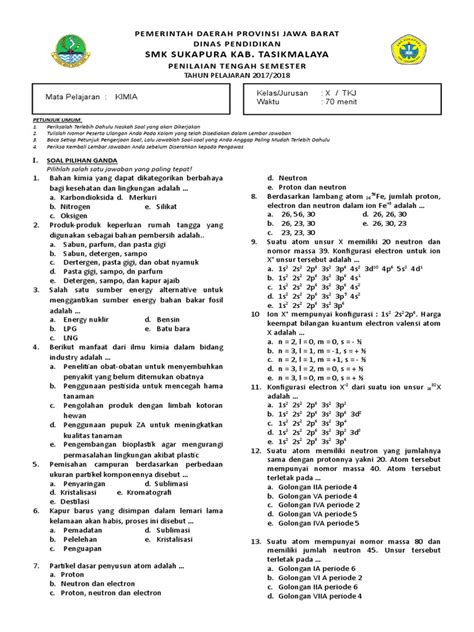 Soal Kimia Kelas 10 Semester 2 Kurikulum 2013