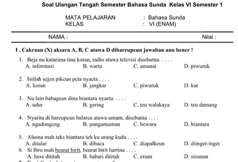 Soal UTS Kelas 6 Semester 2 Bahasa Sunda