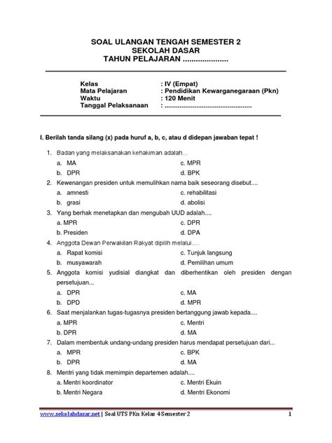 Ulangan Tengah Semester Mata Pelajaran Pendidikan Kewarganegaraan Kelas 9 Semester 2