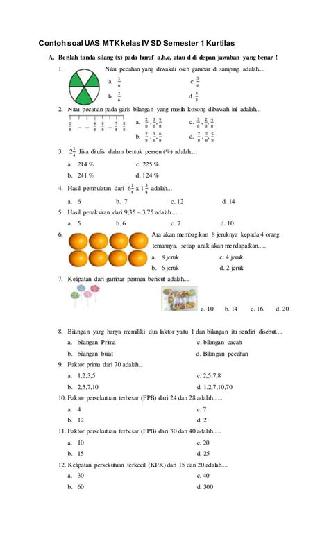 Soal-Soal Pilihan Ganda PTS Kelas 6 Matematika Semester 1 Indonesia