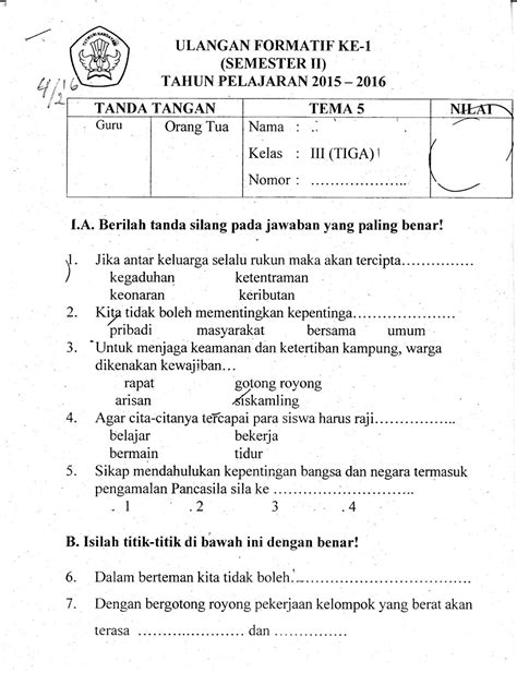 Ulangan Tema 3 Kelas 5 Indonesia