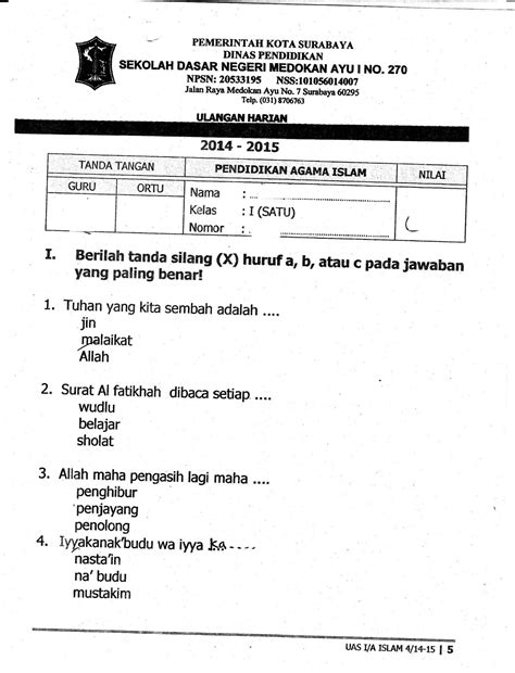 Jenis Soal dalam Ulangan Agama Kelas 4