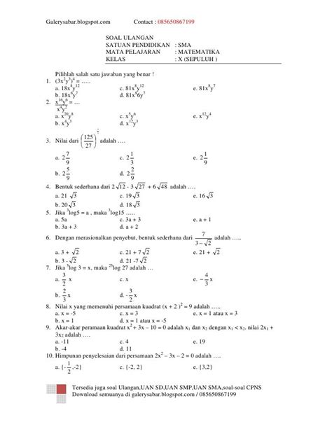 Soal Matematika Kelas 10 Semester 1