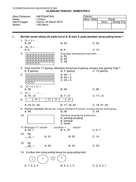 soal matematika sd kelas 1 semester 2 pdf