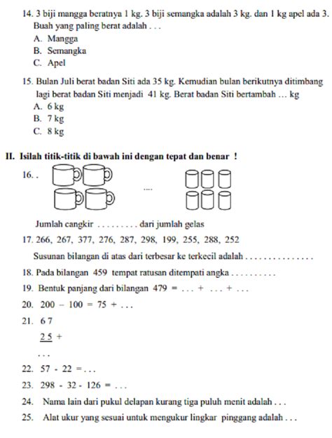 soal matematika sd kelas 1 semester 2 pengukuran berat