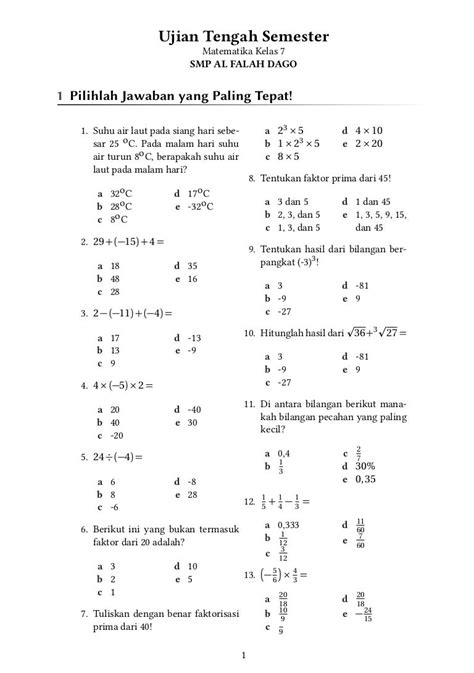 Soal UTS Matematika Kelas 7 Semester 2 dan Kunci Jawaban