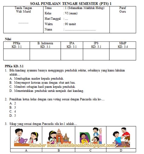 Soal PTS Kelas 6 Semester 1 dan Kunci Jawaban