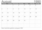 Calendar August 1990 from United States of America in English ☑️ ...