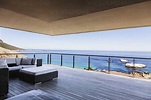 Luxury balcony overlooking ocean stock photo