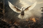 Una paloma de la paz blanca volando a través de una zona de guerra de ...