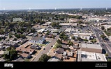 Daytime aerial view of the urban core of downtown Turlock, California ...