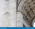 Inscriptions on South Pillar of the Arc De Triomphe Stock Photo - Image ...
