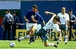 Italy 2 Bulgaria 1 in 1994 in New Jersey. Petar Houbchev lunges in to ...