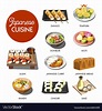 Japanese cuisine traditional dishes set Royalty Free Vector