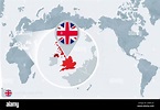 Pacific Centered World map with magnified United Kingdom. Flag and map ...