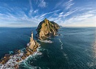 Panoramic aerial view of Lighthouse at Cape Aniva, Sakhalin Island ...