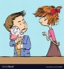 Greedy boy with a big ice cream cone and girl Vector Image