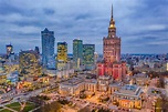 Fototapete Beleuchtete Warschau Zentrum am Abend, Palast der Kultur und ...