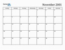 November 2001 Monthly Calendar (PDF, Word, Excel)