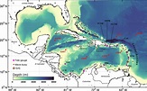 Map of the Caribbean Sea, showing bathymetry and locations of 12 tide ...