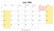 July 1980 calendar with holidays - monthly printable calendar