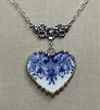 Broken China Jewelry Double Blue Lillies Embellished Heart