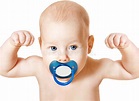 Strong Baby With Pacifier Raising Up Arms, Sport Kid, White Stock Photo ...