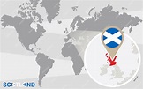 Mapa mundial com a escócia ampliada. bandeira e mapa da escócia ...