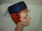 Vintage 60's Jackie Kennedy Pill Box Hat with Veil Over Dark Navy Blue ...