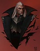 a man with white hair wearing a black cape and bats around his neck ...