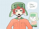 a person wearing a green hat and an orange shirt with the words hey ...