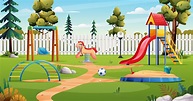 Kids playground with slide, swing, sandbox and toys cartoon landscape ...