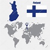 Mapa de Finlandia en un mapa mundial con la bandera y el puntero del ...