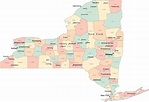 Multi Color New York State Map with Counties, Capitals, and Major Citi