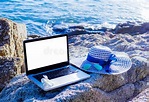 Laptop Computers Work on Vacation, Summer at the Beach. Stock Image ...