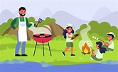 Familia haciendo un picnic de barbacoa en la orilla del río | Vector Gratis
