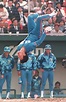 Koji Akiyama of the Saitama Lions does a backflip after hitting the ...