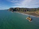A drone's-eye view of Karekare Beach, Saturday evening : r/auckland