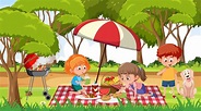 escena con muchos niños picnic en el parque. 2712363 Vector en Vecteezy
