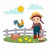 Premium Vector | Cartoon of little girl farmer feeding her chickens